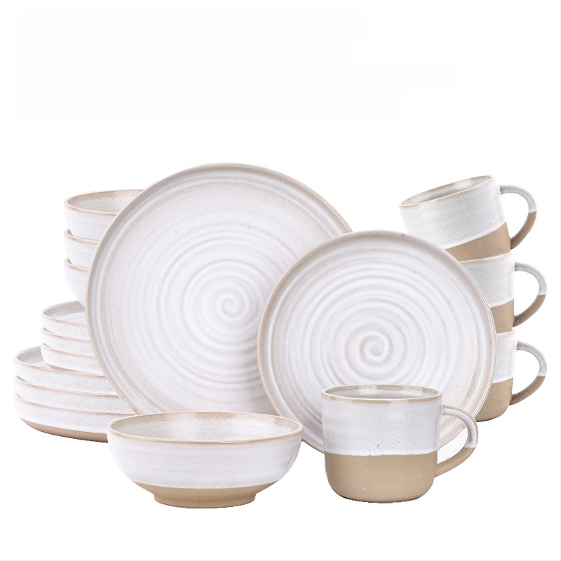16-частен комплект съдове за маса от камена керамика с матов финиш, пасторално стилово оформление, чаши и чинии с ръбест дизайн