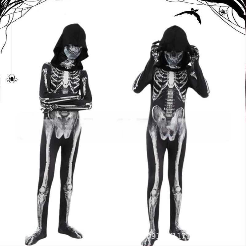 Bērnu Helovīna skeleta kostīms ar kapuci un izdrukātu skeletu – priekš izrādes/deju kostīms, Milk Silk audums, 90–95% poliesters, vecums 3–8 gadi, pavasaris 2025