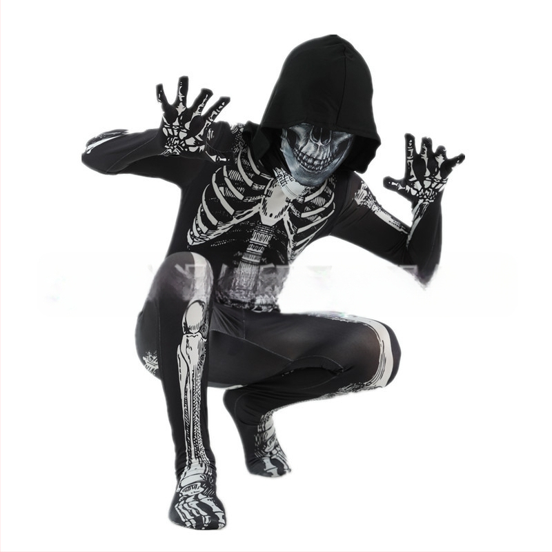 Bērnu Helovīna skeleta kostīms ar kapuci un izdrukātu skeletu – priekš izrādes/deju kostīms, Milk Silk audums, 90–95% poliesters, vecums 3–8 gadi, pavasaris 2025