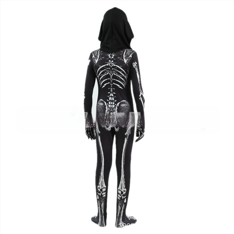 Bērnu Helovīna skeleta kostīms ar kapuci un izdrukātu skeletu – priekš izrādes/deju kostīms, Milk Silk audums, 90–95% poliesters, vecums 3–8 gadi, pavasaris 2025