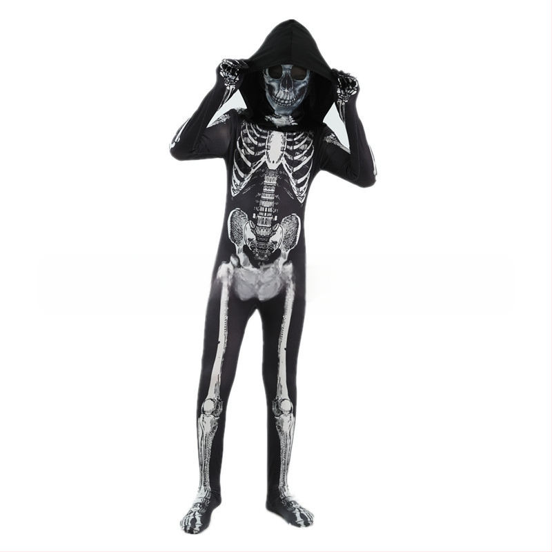 Bērnu Helovīna skeleta kostīms ar kapuci un izdrukātu skeletu – priekš izrādes/deju kostīms, Milk Silk audums, 90–95% poliesters, vecums 3–8 gadi, pavasaris 2025