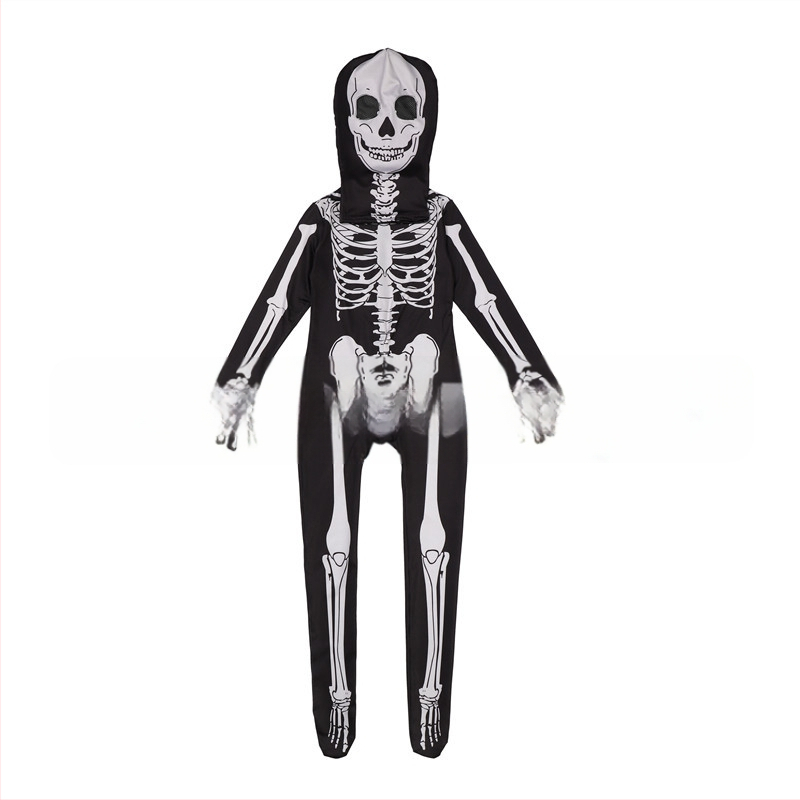 Bērnu Helovīna skeleta kostīms ar kapuci un izdrukātu skeletu – priekš izrādes/deju kostīms, Milk Silk audums, 90–95% poliesters, vecums 3–8 gadi, pavasaris 2025