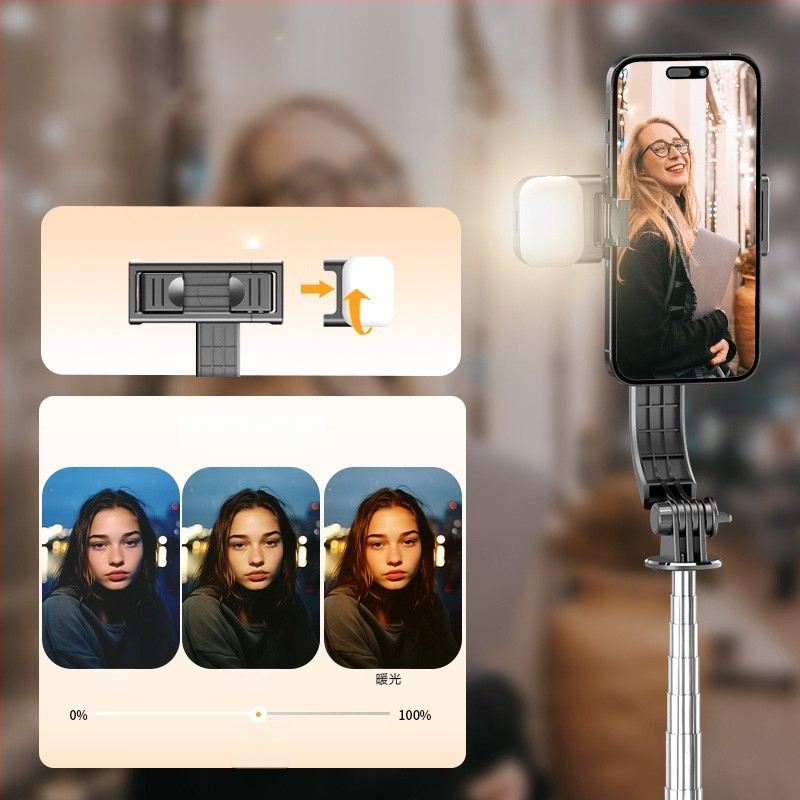 Мини селфи стика с Bluetooth и дистанционно, от неръждаема стомана, преносим ръчен дизайн, клип за телефон и вградена светлина