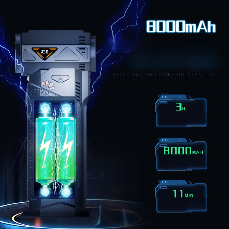 Rankinis USB ventiliatorius stovyklavim su dulkių pūtimo ir siurbimo funkcija, be šepetėlių motoras, žingsniu reguliavimas be pakopų, integruota baterija 4000–6000 mAh