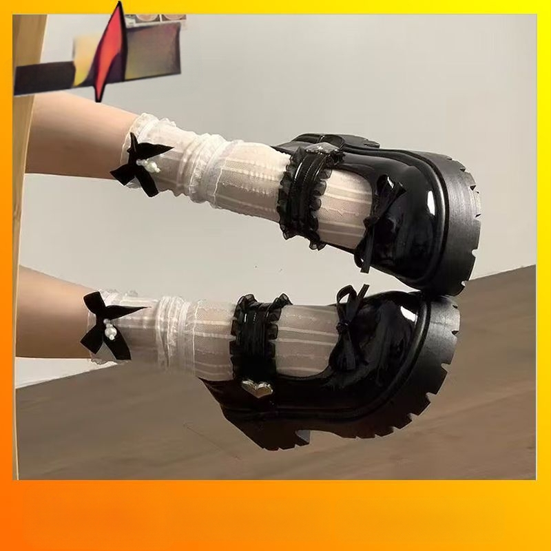 Παπούτσια Mary Jane με φιόγγο, στρογγυλό άκρο, μεσαίο τακούνι 3–5 εκ., σόλα από καουτσούκ (Άνω: PU; Εσωτερικό: PU; Πάτος: PU; Στυλ: κορεατική έκδοση)