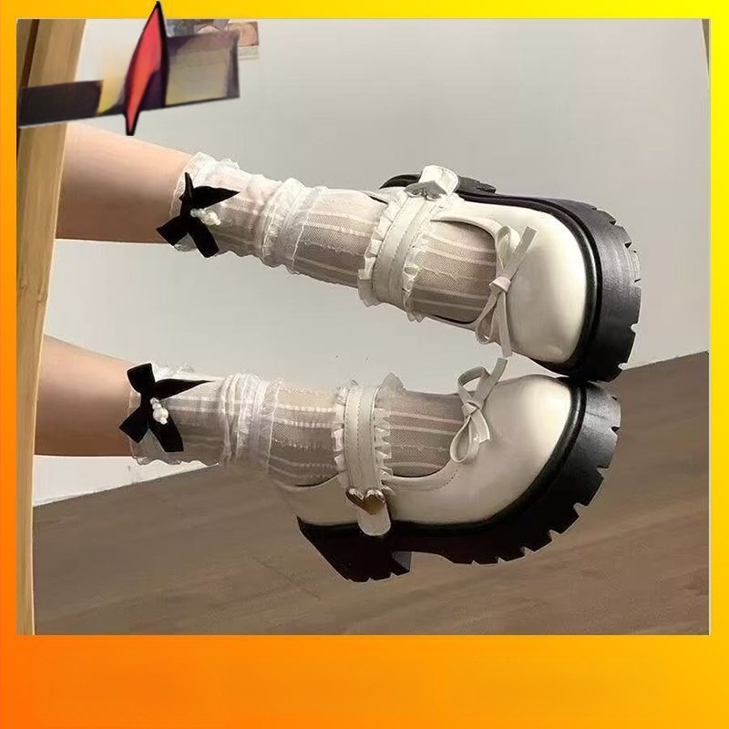 Παπούτσια Mary Jane με φιόγγο, στρογγυλό άκρο, μεσαίο τακούνι 3–5 εκ., σόλα από καουτσούκ (Άνω: PU; Εσωτερικό: PU; Πάτος: PU; Στυλ: κορεατική έκδοση)