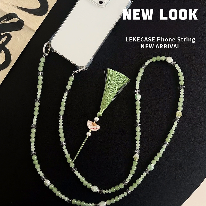 Lanyard na mobil s korálkami a strapkou - akryl, ručne vyrobené, drôtové lano, kovová spona, Le shell