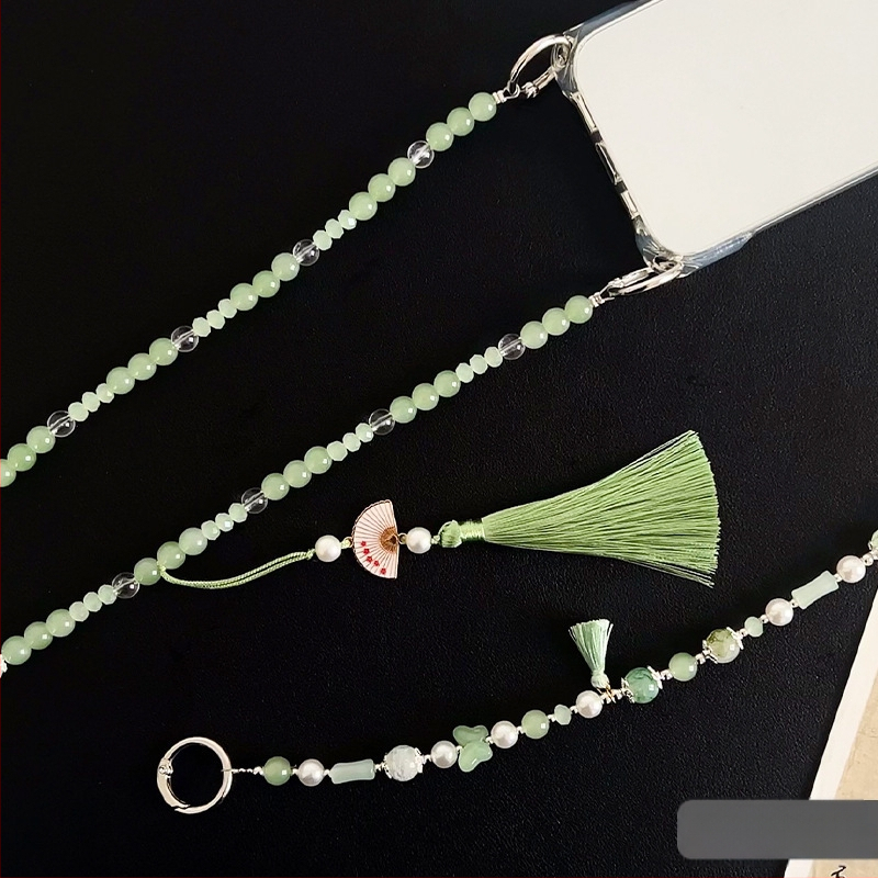 Lanyard na mobil s korálkami a strapkou - akryl, ručne vyrobené, drôtové lano, kovová spona, Le shell