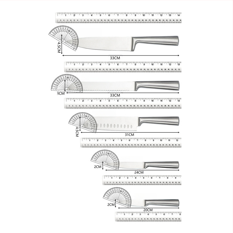 Set de șapte cuțite de bucătărie cu mâner gol, mâner drept, design cu țeavă pătrată – lame din oțel inoxidabil 4Cr13, finisaj șlefuit, unghiul vârfului peste 60°