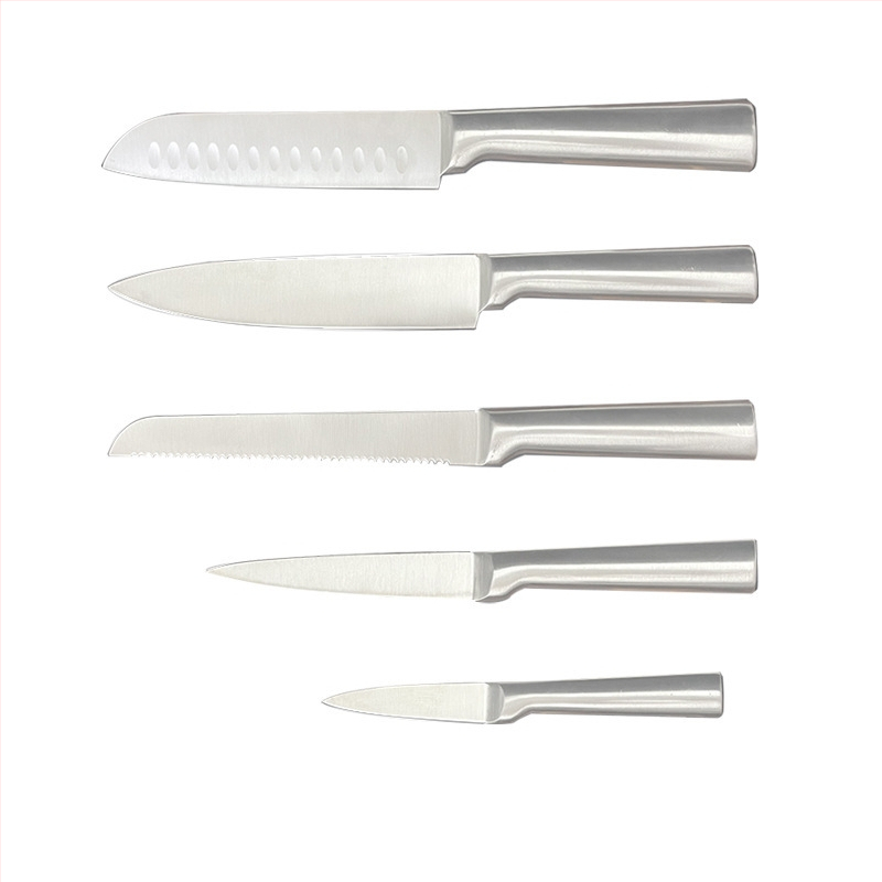 Set de șapte cuțite de bucătărie cu mâner gol, mâner drept, design cu țeavă pătrată – lame din oțel inoxidabil 4Cr13, finisaj șlefuit, unghiul vârfului peste 60°