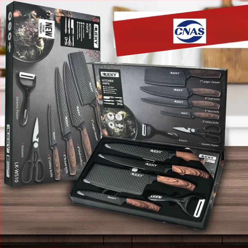 6 dalių virtuvinių peilių rinkinys su deimanto rašto ašmenimis, dviguba nelipdinčíos dangos, 3CR14 plienas, rankena iš ABS su medienos tekstūra (įskaitant šefų peilį ir žirkles)