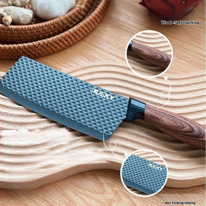 6 dalių virtuvinių peilių rinkinys su deimanto rašto ašmenimis, dviguba nelipdinčíos dangos, 3CR14 plienas, rankena iš ABS su medienos tekstūra (įskaitant šefų peilį ir žirkles)