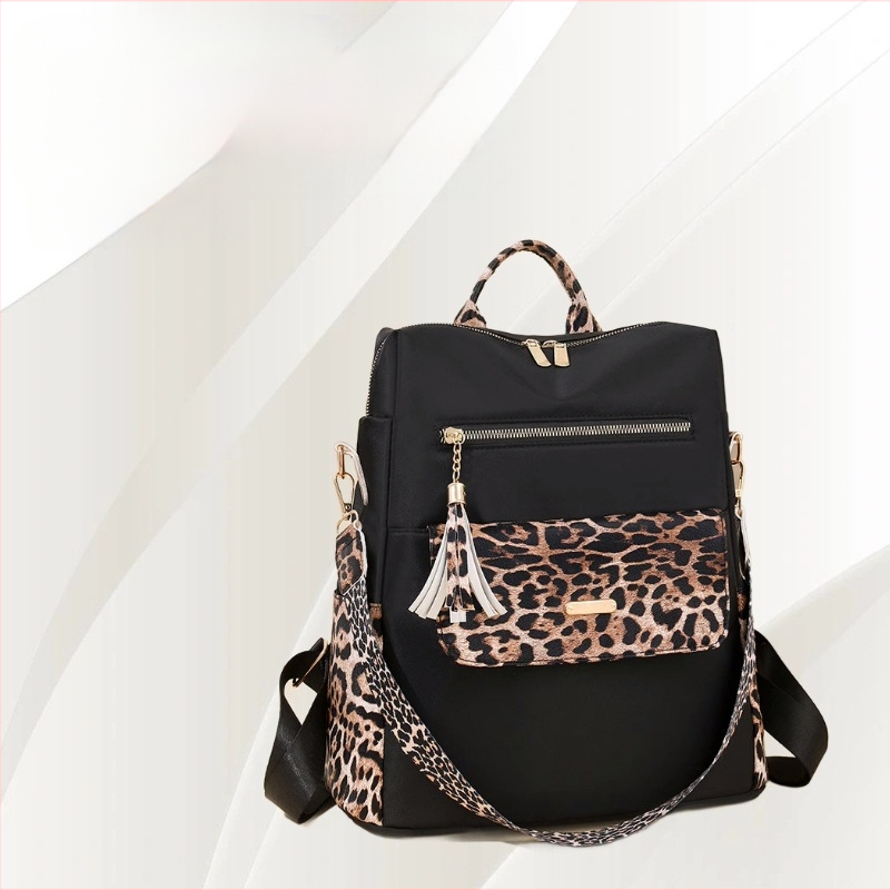 Дамска раница против кражба, ежедневен стил, леопардов принт, голям обем, Oxford плат, закопчаване с цип, вътрешен скрит джоб и джоб за телефон, водоустойчива и износоустойчива