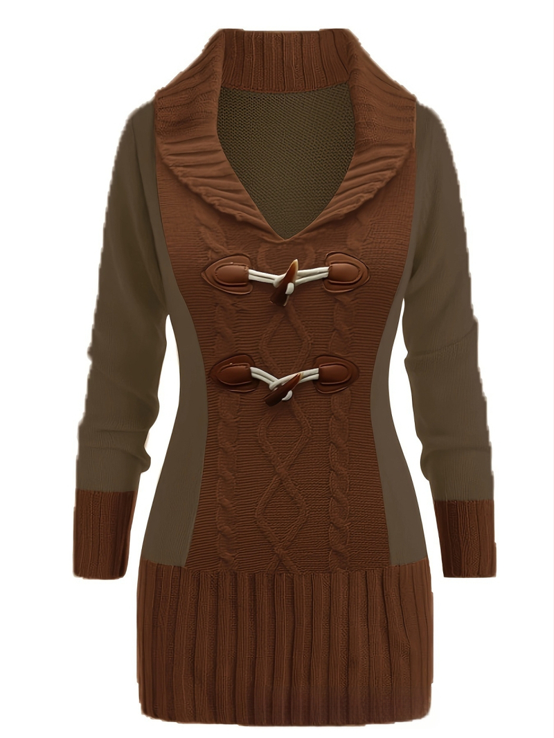 Rochie tricotată cu detaliu cataramă din corn, decolteu în V, mâneci lungi, lungime medie, siluetă hip-skirt, material 95% poliester