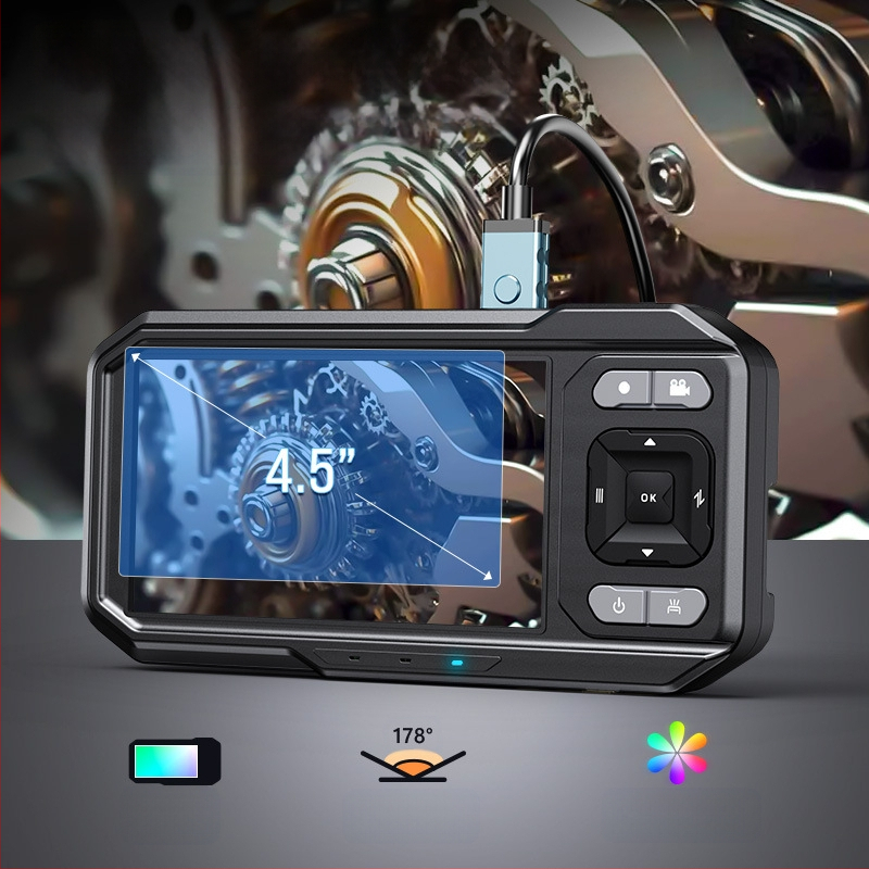 ES02 HD pramoninis endoskopas su ekranu — 8 mm zondo skersmuo, darbo ilgis 5 m, IP67 atsparumas vandeniui, 720P ekranas, LED apšvietimas