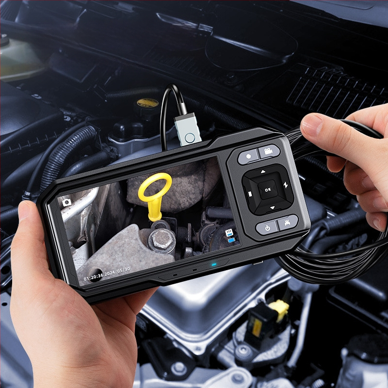 ES02 HD pramoninis endoskopas su ekranu — 8 mm zondo skersmuo, darbo ilgis 5 m, IP67 atsparumas vandeniui, 720P ekranas, LED apšvietimas