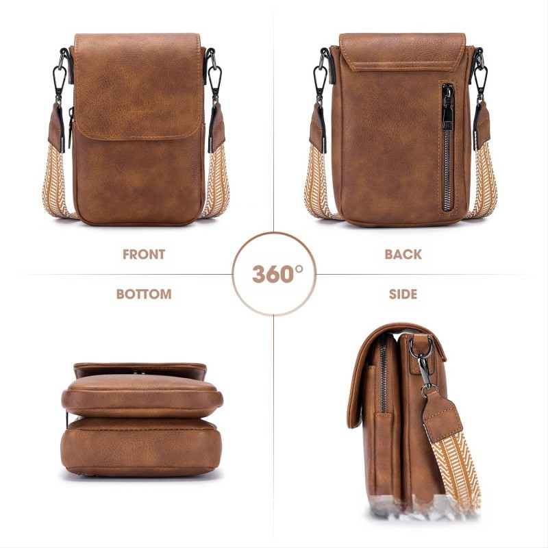 Telefono dėklas iš natūralios odos, viršutinio sluoksnio karvios odos, užtrauktukas, vertikalios kvadratinės formos, reguliuojamas peties diržas