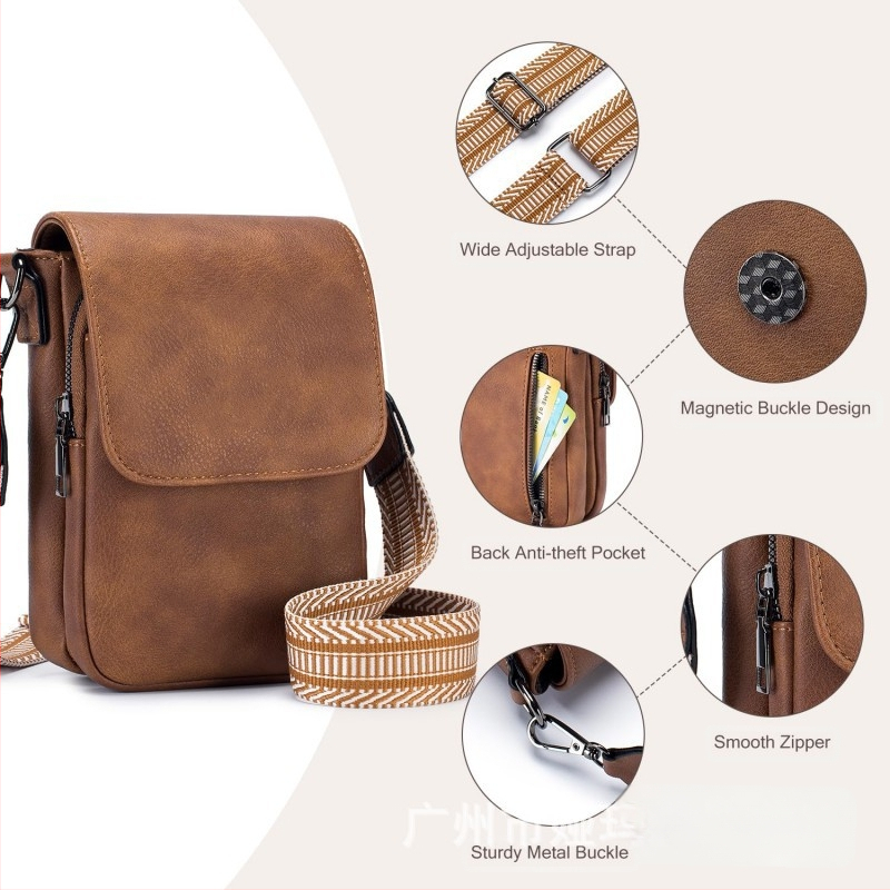 Telefono dėklas iš natūralios odos, viršutinio sluoksnio karvios odos, užtrauktukas, vertikalios kvadratinės formos, reguliuojamas peties diržas