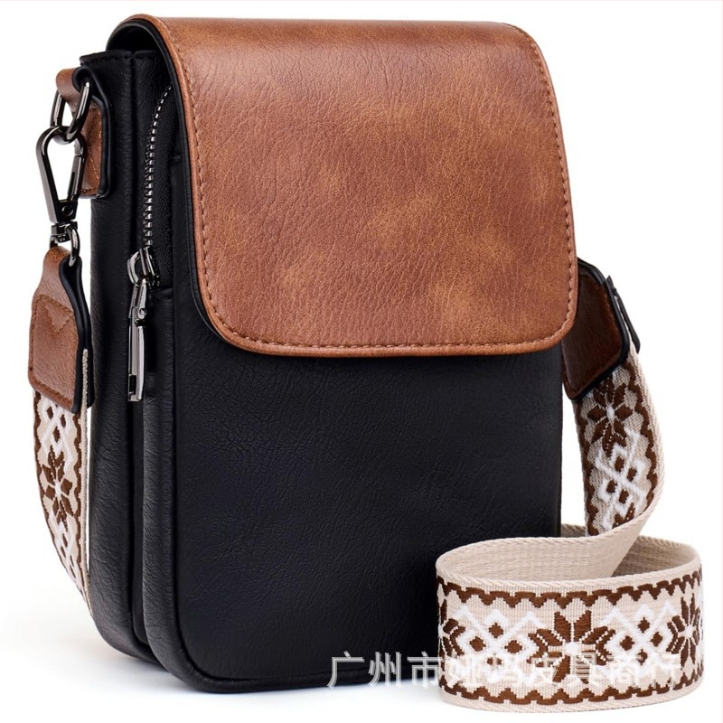 Telefono dėklas iš natūralios odos, viršutinio sluoksnio karvios odos, užtrauktukas, vertikalios kvadratinės formos, reguliuojamas peties diržas