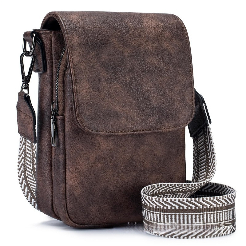 Telefono dėklas iš natūralios odos, viršutinio sluoksnio karvios odos, užtrauktukas, vertikalios kvadratinės formos, reguliuojamas peties diržas