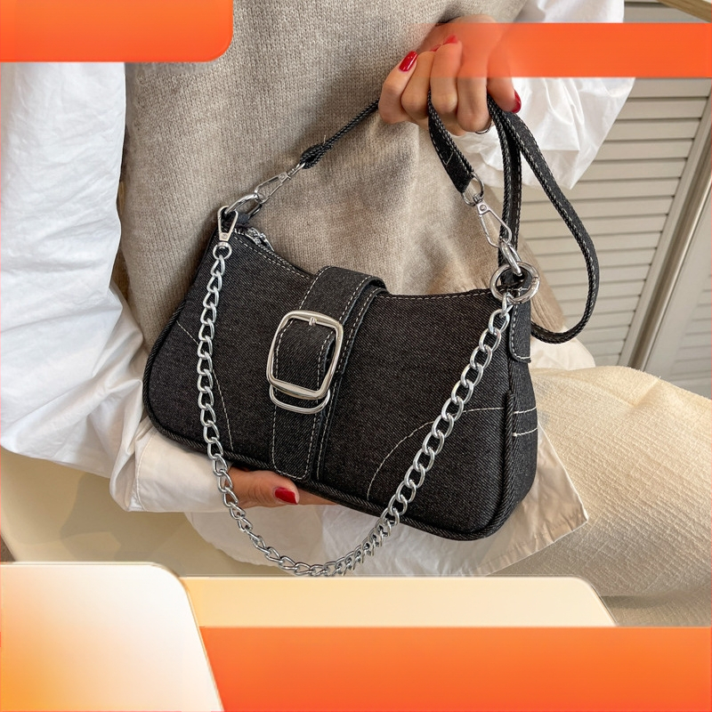 Geantă crossbody din denim, cu închidere magnetică, formă de dumpling, căptușeală din polyester, buzunar interior cu fermoar și buzunar pentru ID