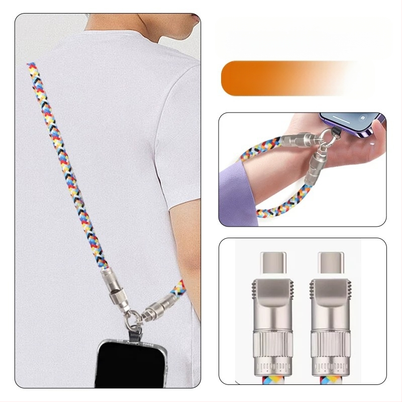 Soson 2-v-1 lanyard kábel pre USB-C a Lightning, tkaný, PD60W rýchle nabíjanie, kovová spona zo zliatiny zinku