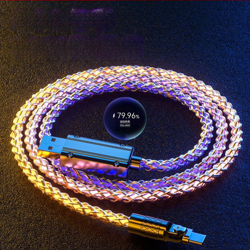 3v1 kábel rýchleho nabíjania (Lightning/Micro USB/Type-C), telo zinku zliatiny, otočný konektor s pravým uhlom, LED s gradientom, až 120W