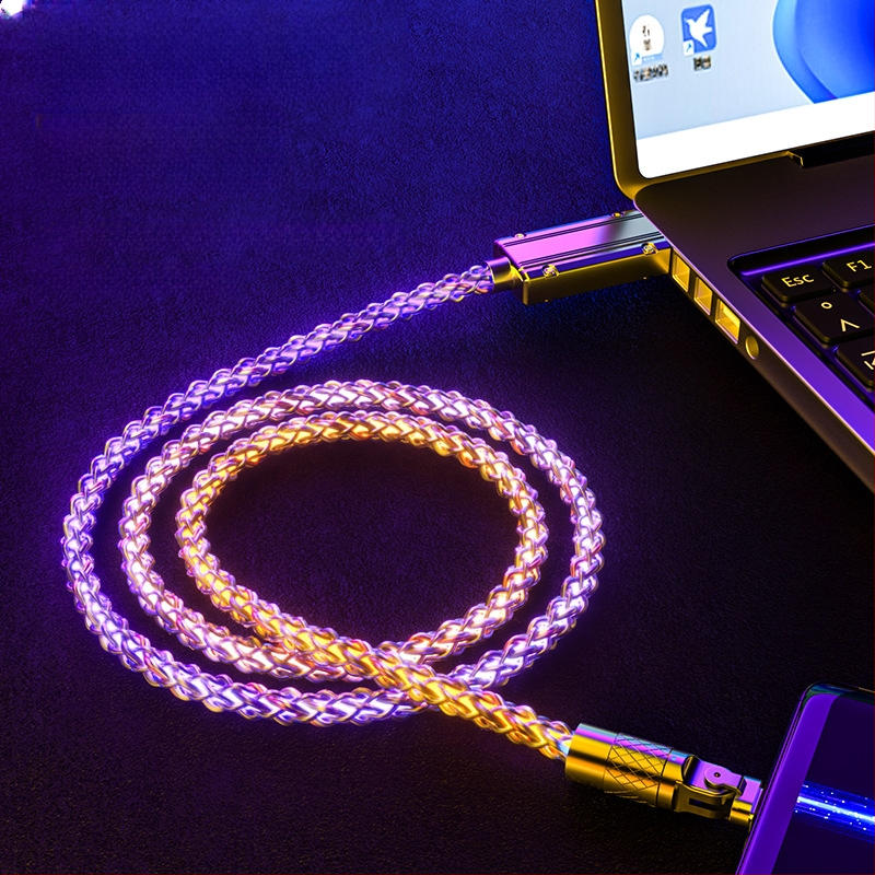 3v1 kábel rýchleho nabíjania (Lightning/Micro USB/Type-C), telo zinku zliatiny, otočný konektor s pravým uhlom, LED s gradientom, až 120W