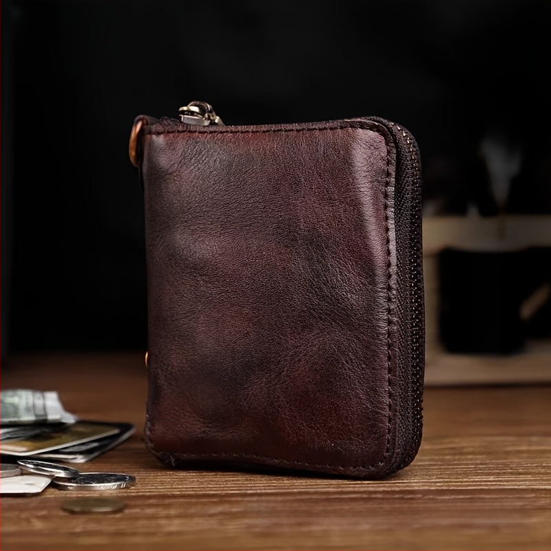 Ръчно изработен портфейл от растително дъбена кожа с цип, ретро дамски джобен стил, кожена подплата, против кражба, водоустойчив