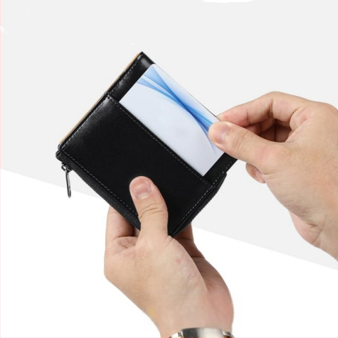 Мъжки портфейл от естествена кожа с цип, кожа от първи слой, водоустойчив, антикрадба