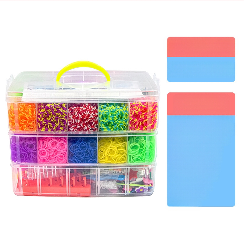 Πλεκτό παιχνίδι από λαστιχάκια — Μεγάλο τριών επιπέδων, 15000 λαστιχάκια; Υλικό: TPR; Κατάλληλο για ηλικίες 7–14; Ανάπτυξη όρασης, διανοητικής ανάπτυξης και συντονισμού χεριού-ματιού.