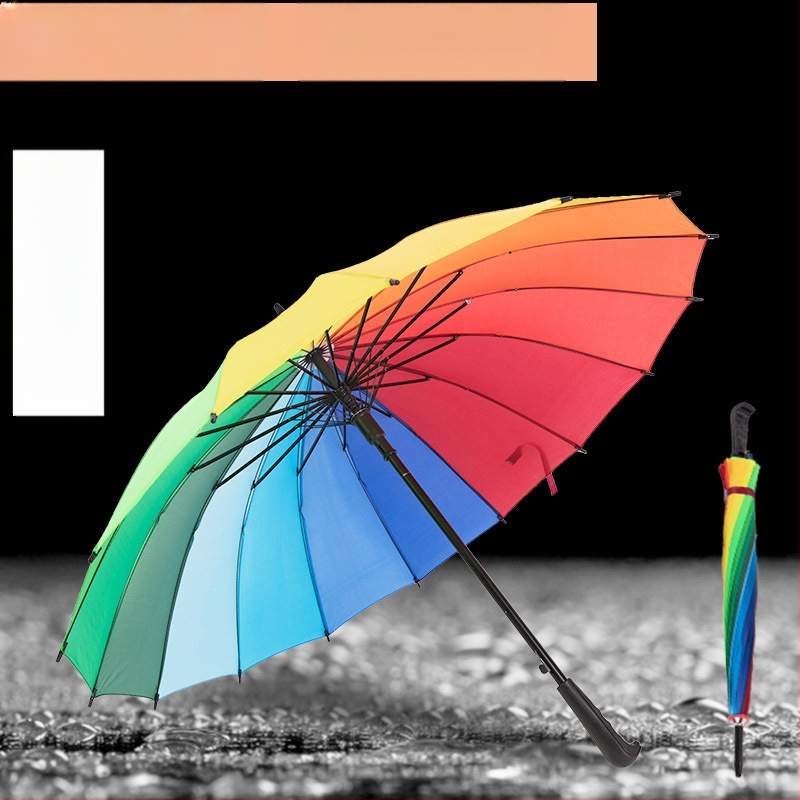 Umbrelă promoțională cu 16 arce, deschidere și închidere manuale, țesătură din material 190T cu acoperire vinil, tijă din fier, mâner din plastic, posibilitatea imprimării logo-ului