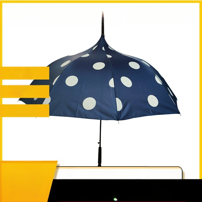 Pagodų stiliaus skėtis su 8 plieninėmis skersinėmis, ilgas kotas, automatinis atidarymas, 190T audinys, logotipo spausdinimo galimybė