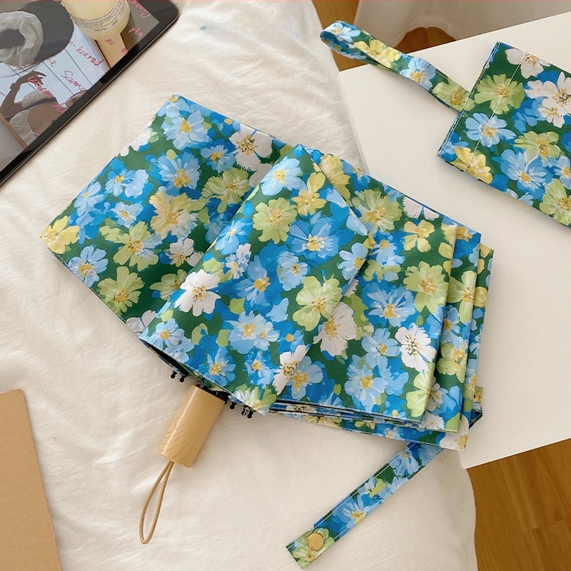 Gėlių rašto sulankstomas skėtis, visiškai automatizuotas, vinilinės medžiagos audinys 190T, UV PA+++ apsauga, pluošto skersiniai, geležies strypas, plastikinė rankenėlė