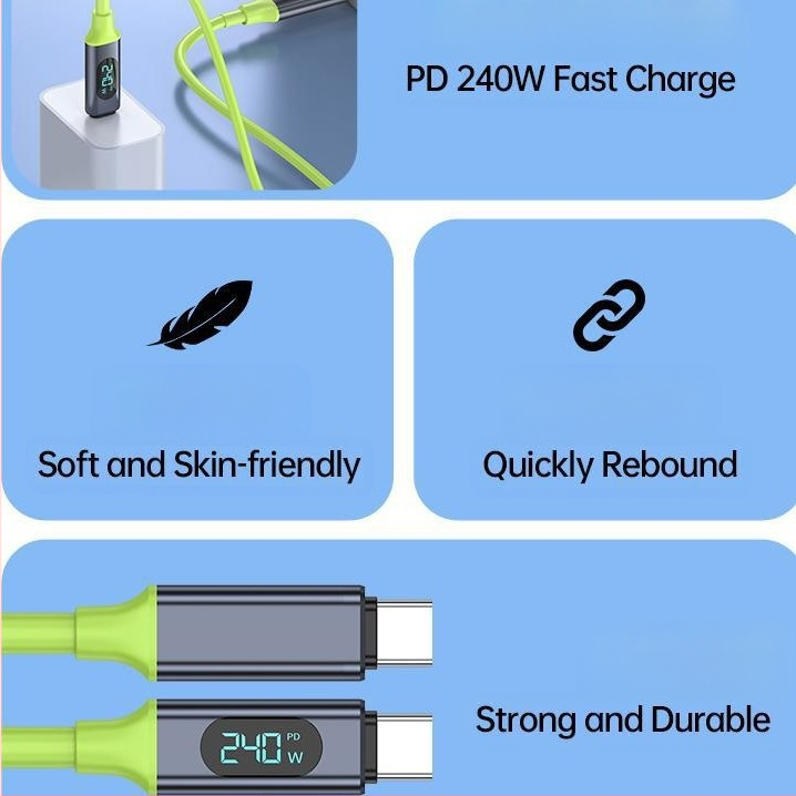Type-C dátový kábel s digitálnym displejom, 240W rýchle nabíjanie, jednokanálový konektor, PVC