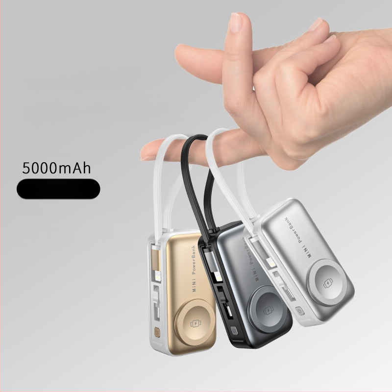 Mini magnetinė kapsulė powerbank 5000mAh, 22,5W dvipusė greito įkrovimo, 3-in-1 funkcija telefonui ir išmaniesiems laikrodžiams