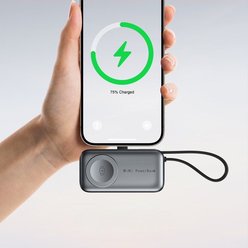 Mini magnetinė kapsulė powerbank 5000mAh, 22,5W dvipusė greito įkrovimo, 3-in-1 funkcija telefonui ir išmaniesiems laikrodžiams