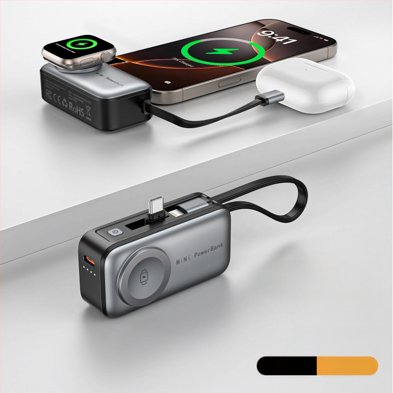 Mini magnetinė kapsulė powerbank 5000mAh, 22,5W dvipusė greito įkrovimo, 3-in-1 funkcija telefonui ir išmaniesiems laikrodžiams