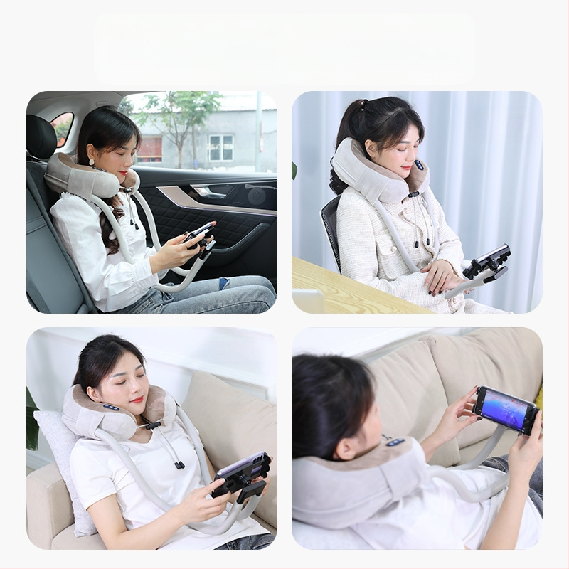 Masaj pentru gât în formă de U cu pernă de masaj și suport pentru telefon, 4 capete de masaj, terapie cu infraroșu, masaj cu vibrații, model JM-168, reîncărcabil