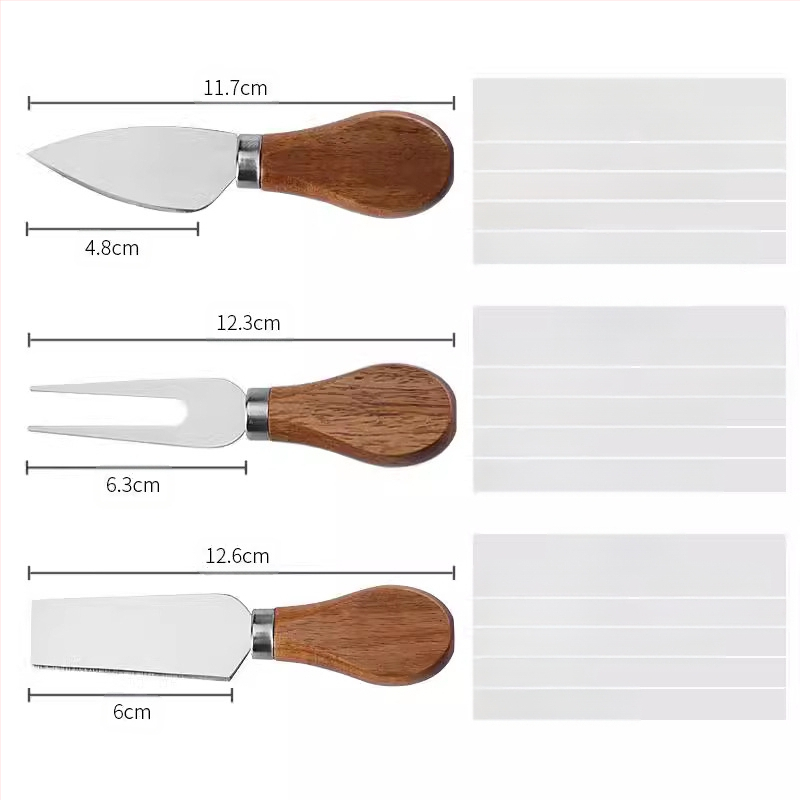 Medinis sūrio padėklų rinkinys su akacijos medienos peiliu ir skraptuku; nereguliarus formos; šiaurinis vėjo stilius; vientisas raštas; spausdintas logotipas; pritaikymas