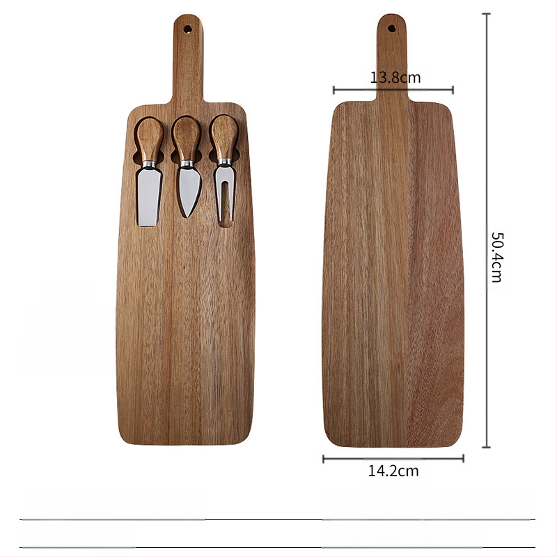 Medinis sūrio padėklų rinkinys su akacijos medienos peiliu ir skraptuku; nereguliarus formos; šiaurinis vėjo stilius; vientisas raštas; spausdintas logotipas; pritaikymas