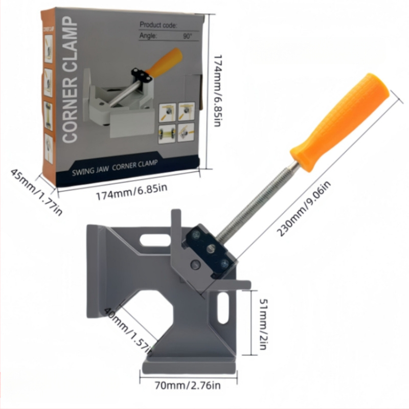 Mini kampinis spaustukas medienai su vienos rankenos mechanizmu – 90°, greitas fiksavimas medienai, nuotraukų rėmams ir akvariumo stiklui