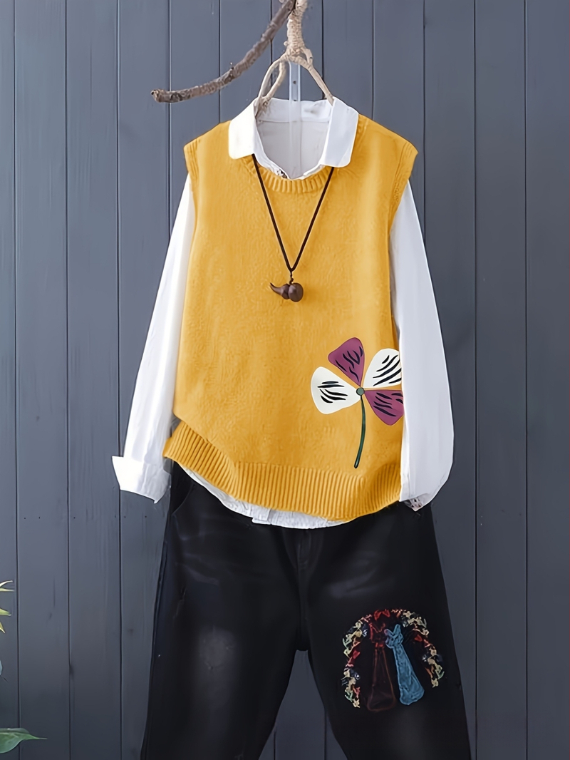 Плетен жилет - жакардов мотив с цветя, полиестер ≥95%, кръгло деколте, средна дебелина