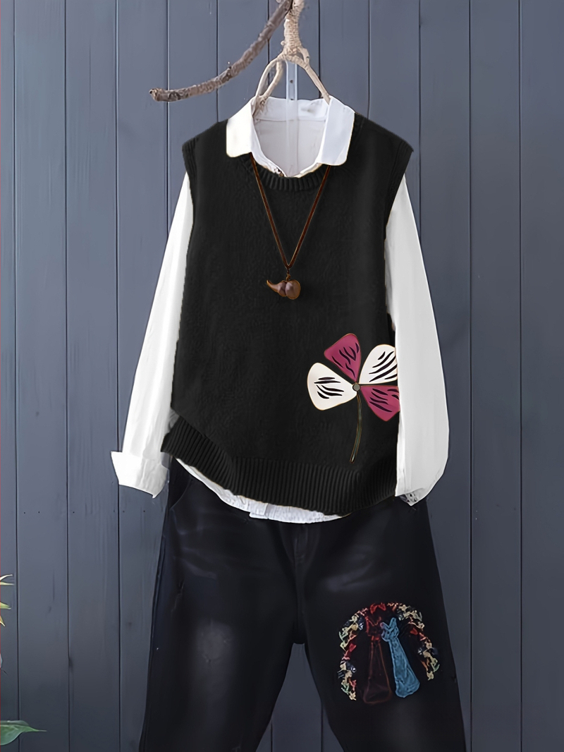 Плетен жилет - жакардов мотив с цветя, полиестер ≥95%, кръгло деколте, средна дебелина