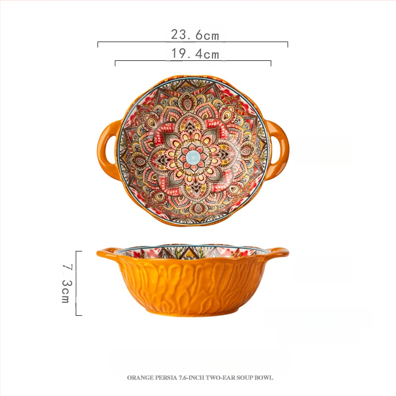 Bohemiško stiliaus porcelininis dubenėlis su dviem rankenėlėm, gėlių raštas, apvalus, retro stilius