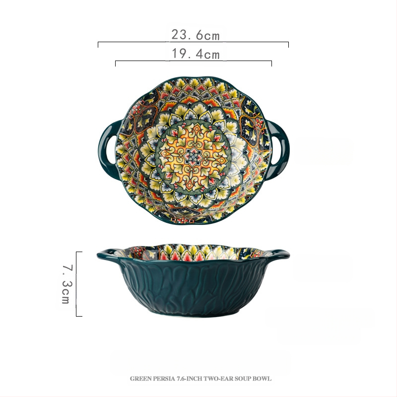 Bohemiško stiliaus porcelininis dubenėlis su dviem rankenėlėm, gėlių raštas, apvalus, retro stilius