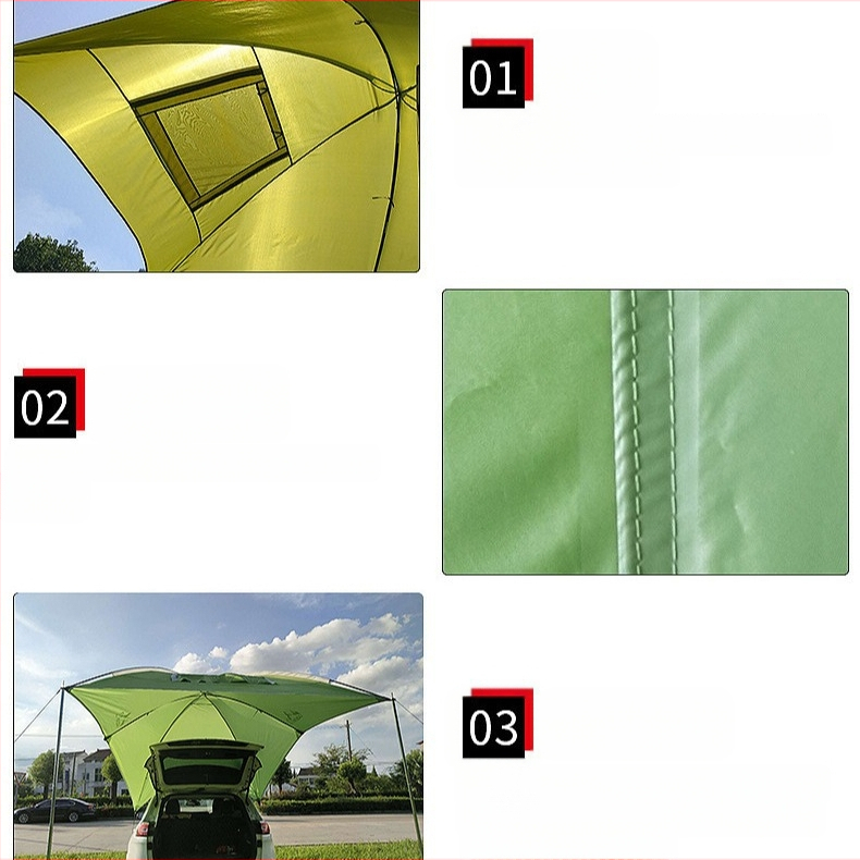 Automobilio šoninė palapinė, nešiojama, išorė poliesteris, rėmas iš stiklo pluošto, atsparumas vandeniui 1500–2000 mm, svoris apie 2,7 kg