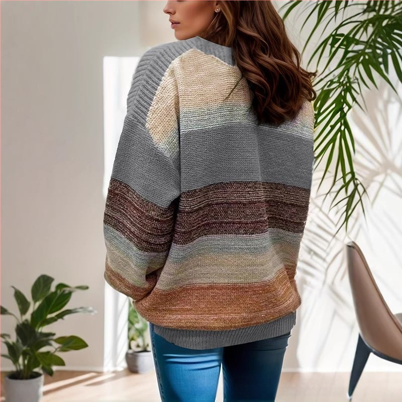 Pulover tricotat pentru femei cu model în dungi și color-block, poliester jacquard, guler rotund, mâneci lungi, croială lejeră, toamnă 2024