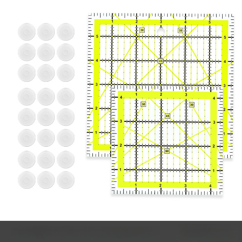 Ъглова линейка за пачпърк шиене, пластмасова, с инчова скала и двуцветни мрежести линии за квилтинг