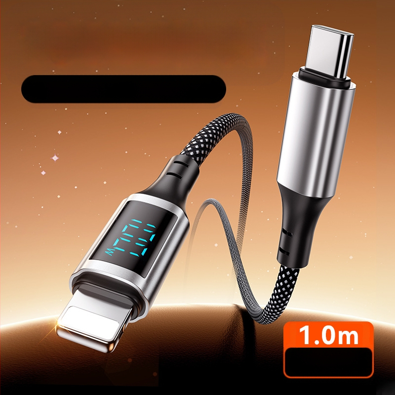 100W kábel s digitálnym displejom pre rýchle nabíjanie, Lightning a USB-C, hliníková zliatina